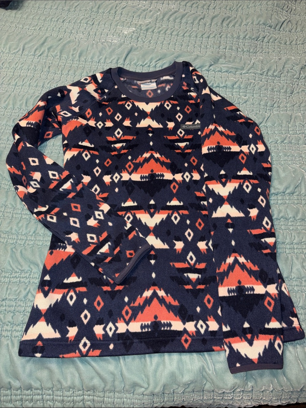 Columbia Women's Navy, Coral & Cream Geometric Crewneck Sweater